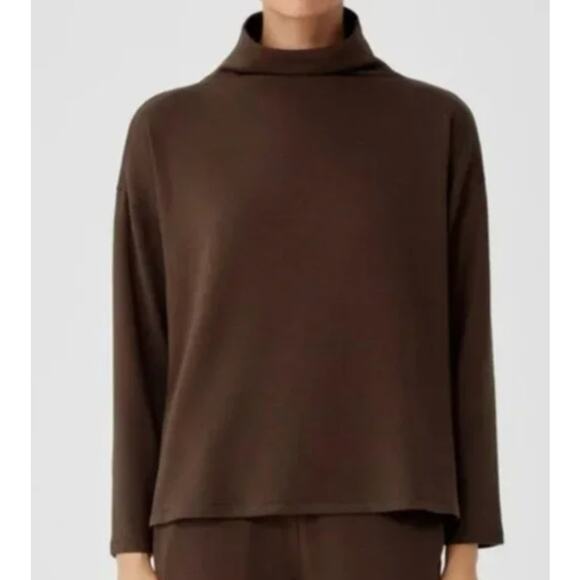 Eileen Fisher Coffee Brown Funnel Neck Box Long Sleeve Knit Top Chic Large NEW - Picture 1 of 7